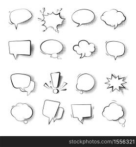 Comics effect speech bubbles templates isolated icons vector cloud rectangle and exclamation mark shapes monochrome blank, frames for text and dialogue empty outline frameworks clip art mockups. Speech bubbles templates isolated icons comics effect
