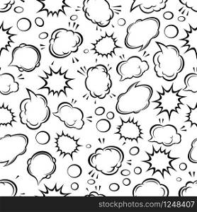 Comics expressions background with seamless pattern of cartoon speech, thought and explosion bubbles on white background. May be use as book flyleaf or interior design. Seamless cartoon comics bubbles pattern