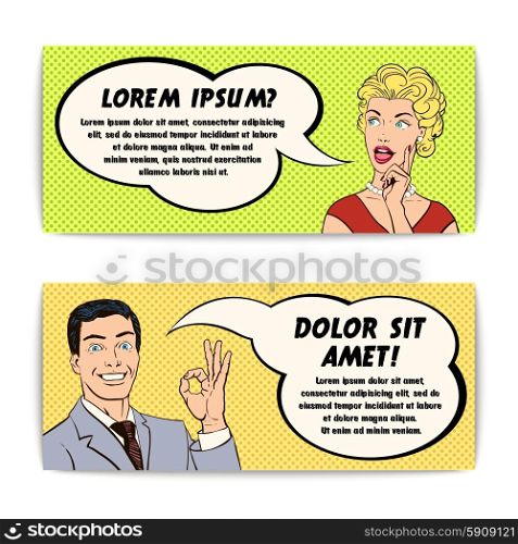 Comics Man And Woman Banner Set. Comics smiling man and woman with message bubble color vintage horizontal banner set isolated vector illustration