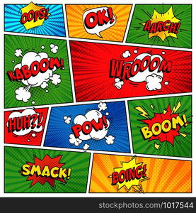 Comics page. Comic book grid frame, funny oops bam smack text burst speech bubbles, bubble pack explosion on color stripes cover retro background colorful vector layout template. Comics page. Comic book grid frame, funny oops bam smack text speech bubbles on color stripes background vector layout template