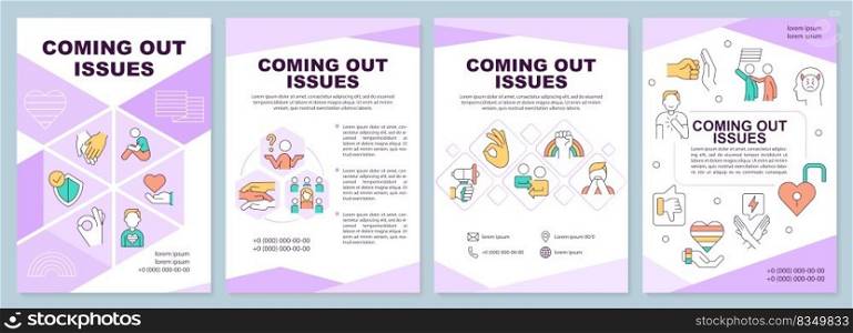 Coming out issues brochure template. Sexual orientation. Leaflet design with linear icons. Editable 4 vector layouts for presentation, annual reports. Arial-Black, Myriad Pro-Regular fonts used. Coming out issues brochure template