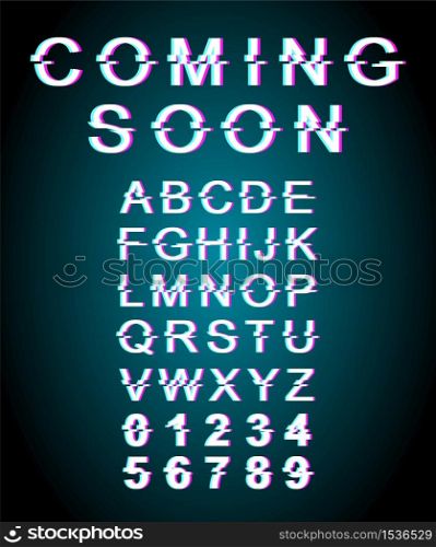 Coming soon glitch font template. Retro futuristic style vector alphabet set on blue background. Capital letters, numbers and symbols. Opening release typeface design with distortion effect