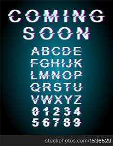 Coming soon glitch font template. Retro futuristic style vector alphabet set on blue background. Capital letters, numbers and symbols. Opening release typeface design with distortion effect