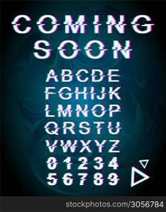 Coming soon glitch font template. Retro futuristic style vector alphabet set on blue iridescent background. Capital letters, numbers and symbols. Announcement typeface design with distortion effect