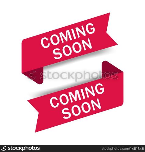 Coming soon label icon. Red sticker now open for promotion, sale, commerce poster. Flat baner with coming soon text. Design wrapping sticky tag for retail, advertising. vector isolated background. Coming soon label icon. Red sticker now open for promotion, sale, commerce poster. Flat baner with coming soon text. Design wrapping sticky tag for retail, advertising. vector isolated