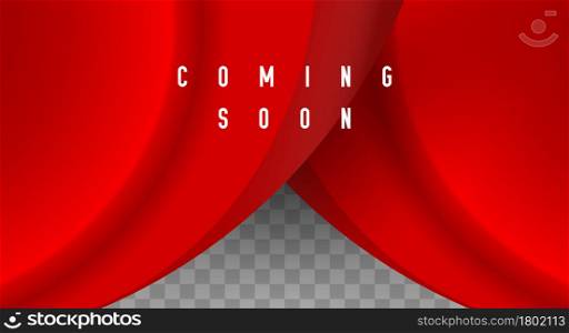 Coming soon lettering. Red curtain. 3D vector illustration on transparent background.. Coming soon lettering. Red curtain. 3D vector illustration