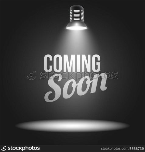 Coming soon message illuminated with light projector blank stage realistic vector illustration