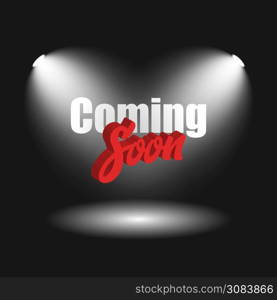 Coming soon vector stage promotional background with spotlight lights on dark background illustration