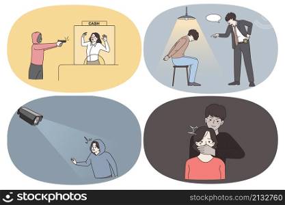 Comitting crimes and robbery concept. Set of people criminals thieves robbers attacking people and bank cash covering mouth and listening for policeman in prison vector illustration. Comitting crimes and robbery concept