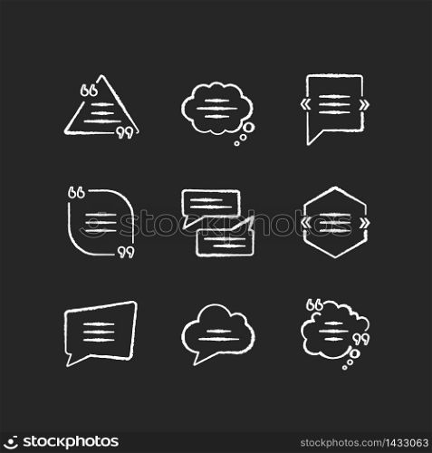 Comment box chalk white icons set on black background. Blank speech clouds different shapes. Triangle and square chat bubbles. Empty textbox. Isolated vector chalkboard illustrations. Comment box chalk white icons set on black background