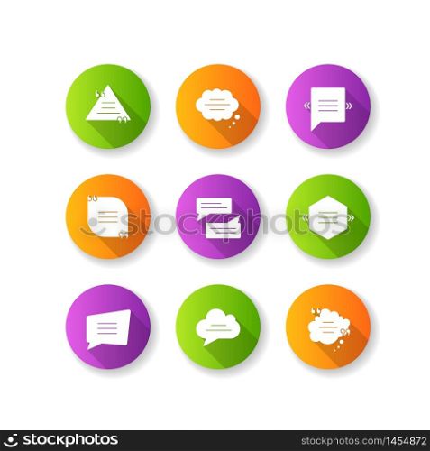 Comment box flat design long shadow glyph icons set. Blank speech clouds different shapes. Triangle and square chat bubbles. Empty textbox. Silhouette RGB color illustration. Comment box flat design long shadow glyph icons set