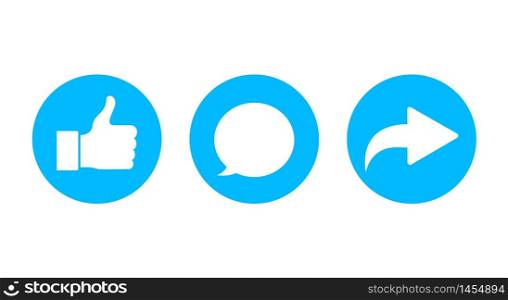 Comment, share, like button icon. Post click symbol for social media.Comment button, like icon, share symbol in flat style. vector illustration. Comment, share, like button icon. Post click symbol for social media.Comment button, like icon, share symbol in flat style. vector