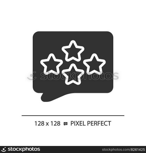 Comment with assess pixel perfect black glyph icon. Writing feedback about customer service. Business rating. Silhouette symbol on white space. Solid pictogram. Vector isolated illustration. Comment with assess pixel perfect black glyph icon