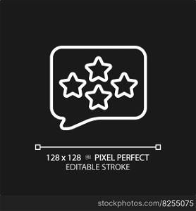 Comment with assess pixel perfect white linear icon for dark theme. Writing feedback about customer service. Business rating. Thin line illustration. Isolated symbol for night mode. Editable stroke. Comment with assess pixel perfect white linear icon for dark theme