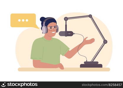 Commentator recording personal podcast 2D vector isolated spot illustration. Interviewer with microphone flat character on cartoon background. Colorful editable scene for mobile, website, magazine. Commentator recording personal podcast 2D vector isolated spot illustration