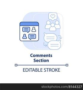 Comments section light blue concept icon. Website users feedback. Advanced SEO abstract idea thin line illustration. Isolated outline drawing. Editable stroke. Arial, Myriad Pro-Bold fonts used. Comments section light blue concept icon
