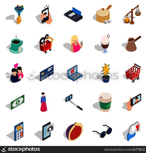 Commerce icons set. Isometric set of 25 commerce vector icons for web isolated on white background. Commerce icons set, isometric style