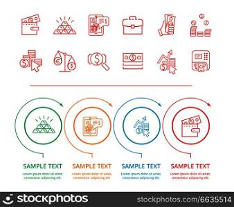 Commerce infographic with text sample below and icons of wallet with money, gold and scales above, vector illustration isolated on white. Commerce Infographic with Text Vector Illustration