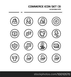 Commerce line icon set in a circle. People, cashier machine, phone, security, ticket, money and hands. Isolated group. Outline vector illustration