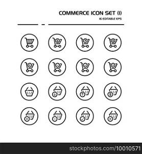 Commerce line icon set in a circle. Shopping cart and basket. Store web. Isolated group. Outline vector illustration