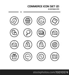 Commerce line icon set in a circle. Store, tag, wallet, pay, label, money, location and call center. Isolated group. Outline vector illustration