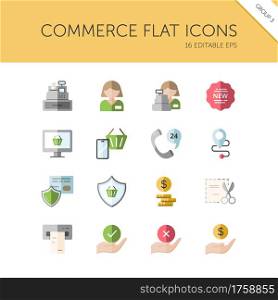 Commerce. People, cashier machine, phone, security, ticket, money and hands group. Isolated color icon set. Flat vector illustration