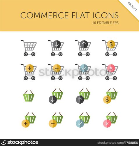 Commerce. Shopping cart and basket group. Store web. Isolated color icon set. Flat vector illustration