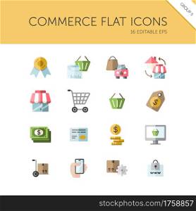 Commerce. Store, tag, security, discount and credit card group. Isolated color icon set. Flat vector illustration
