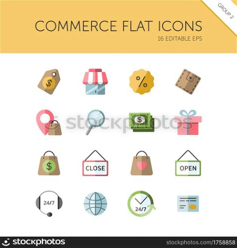 Commerce. Store, tag, wallet, pay, label, money, location and call center group. Isolated color icon set. Flat vector illustration