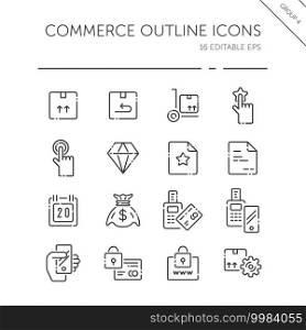 Commerce thin line icon set. Box, diamond, hand, swiping machine, security, money and calendar. Isolated group. Outline vector illustration