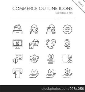 Commerce thin line icon set. People, cashier machine, phone, security, ticket, money and hands. Isolated group. Outline vector illustration