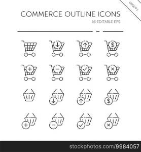 Commerce thin line icon set. Shopping cart and basket. Store web. Isolated group. Outline vector illustration