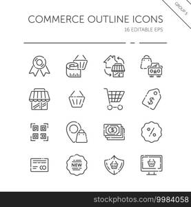 Commerce thin line icon set. Store, tag, security, discount and credit card. Isolated group. Outline vector illustration