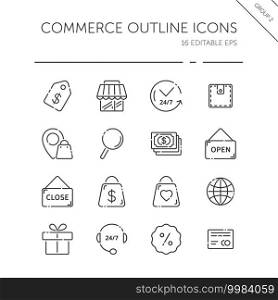 Commerce thin line icon set. Store, tag, wallet, pay, label, money, location and call center. Isolated group. Outline vector illustration