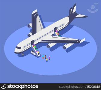 Commercial airplane isometric color vector illustration. Flight passengers boarding plane 3d concept isolated on blue background. Airline company transport. international tourism, airway travel