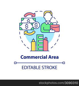 Commercial area concept icon. Type of land-use abstract idea thin line illustration. Commercial buildings. Offices, stores. Isolated outline drawing. Editable stroke. Arial, Myriad Pro-Bold fonts used. Commercial area concept icon