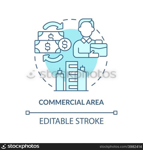 Commercial area turquoise concept icon. Type of land-use abstract idea thin line illustration. Commercial buildings. Isolated outline drawing. Editable stroke. Arial, Myriad Pro-Bold fonts used. Commercial area turquoise concept icon