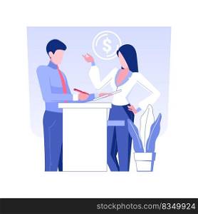 Commercial banking isolated concept vector illustration. Businessman using financial services in commercial bank, money management, corporate banking, customer support vector concept.. Commercial banking isolated concept vector illustration.