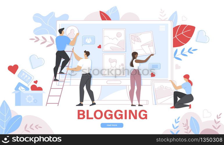 Commercial Blog Posting, Internet Blogging Service. Tiny Men and Women Put Photo Pictures on Huge Computer Screen. Social Media Content Sharing. Cartoon Flat Vector Illustration, Horizontal Banner. Commercial Blog Posting, Internet Blogging Service