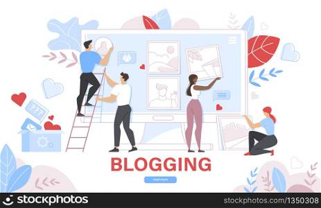 Commercial Blog Posting, Internet Blogging Service. Tiny Men and Women Put Photo Pictures on Huge Computer Screen. Social Media Content Sharing. Cartoon Flat Vector Illustration, Horizontal Banner. Commercial Blog Posting, Internet Blogging Service