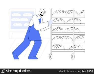 Commercial bread baking abstract concept vector illustration. Worker baking bread for sale, food industry, flour products manufacturing, business sector, making baguette abstract metaphor.. Commercial bread baking abstract concept vector illustration.