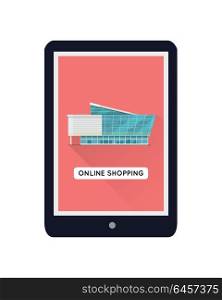 Commercial Building Web Design Template. Shopping centre web page template on mobile device. Flat design. Illustration for web design, app icons, online shopping banners. Shop, shopping center, mall, supermarket, business center on screen