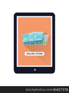 Commercial Building Web Design Template. Shopping centre web page template on mobile device. Flat design. Illustration for web design, app icons, online shopping banners. Shop, shopping center, mall, supermarket, business center on screen