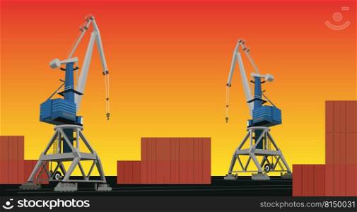 Commercial cargo port with cranes and containers on background sunset sky with copy space. Vector illustration.. Commercial cargo port with cranes and containers on background sunset sky with copy space.