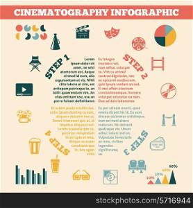 Commercial cinematography film production development in four steps infographics with statistic charts poster print flat vector illustration