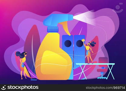 Commercial cleaning company janitors tidy up office with spray. Commercial cleaning, cleaning industry service, maintenance market resarch concept. Bright vibrant violet vector isolated illustration. Commercial cleaning concept vector illustration.