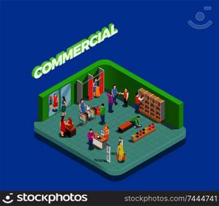 Commercial consumers during shopping in store of clothing and shoes isometric composition on blue background vector illustration. Commercial Consumers Isometric Composition
