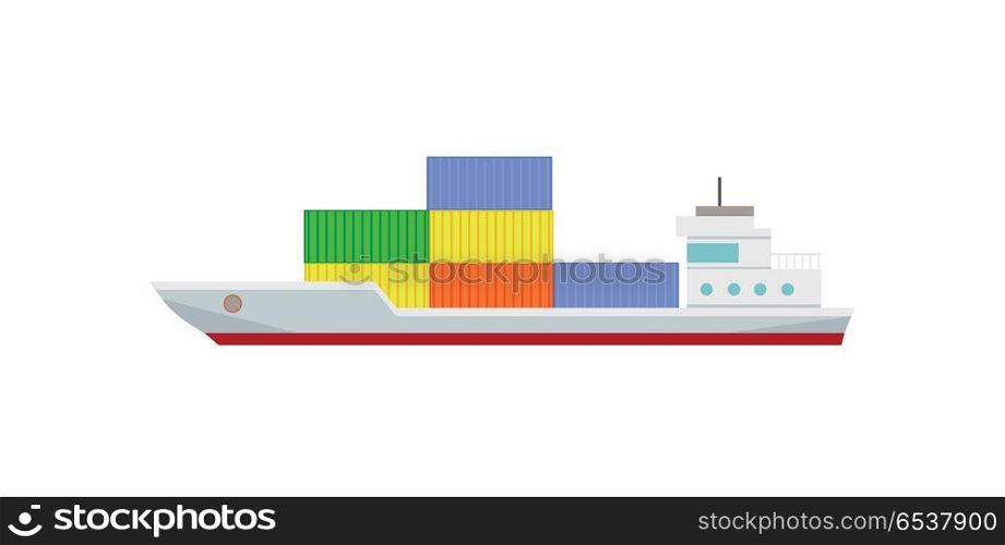 Commercial Container Ship with Containers. Commercial container ship in flat. Cargo ship with containers. Logistics and transportation of cargo freight ship and cargo container. Isolated object in flat design on white background.