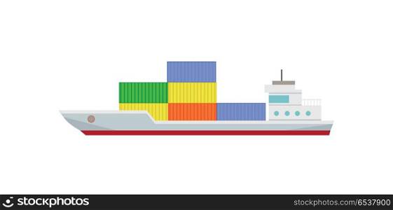 Commercial Container Ship with Containers. Commercial container ship in flat. Cargo ship with containers. Logistics and transportation of cargo freight ship and cargo container. Isolated object in flat design on white background.