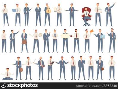 Commercial director icons set cartoon vector. Career company. Business office. Commercial director icons set cartoon vector. Career company